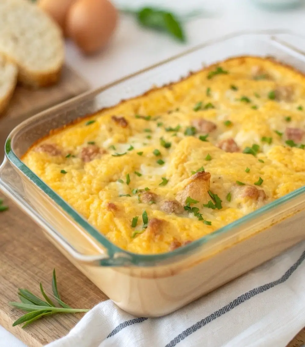 Easy breakfast casserole made with simple ingredients, golden and fluffy
