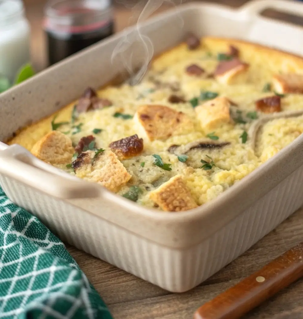 Easy breakfast casserole made with simple pantry ingredients in a baking dish