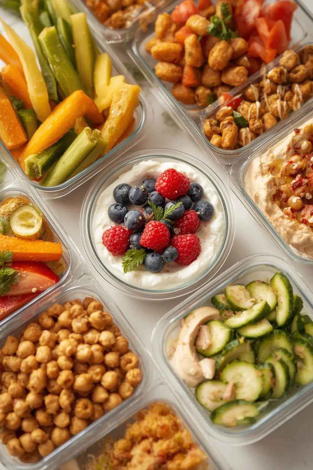 Colorful assortment of low-calorie snacks including fresh veggie sticks, Greek yogurt with berries, roasted chickpeas, and cucumber slices with hummus in portioned containers