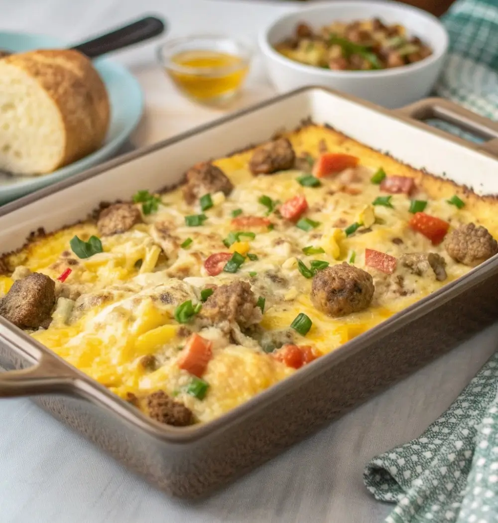 Family-style breakfast casserole baked in one dish and served at the table