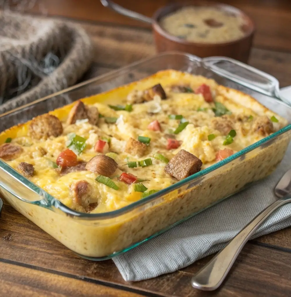 Family-style breakfast casserole served straight from a large baking dish