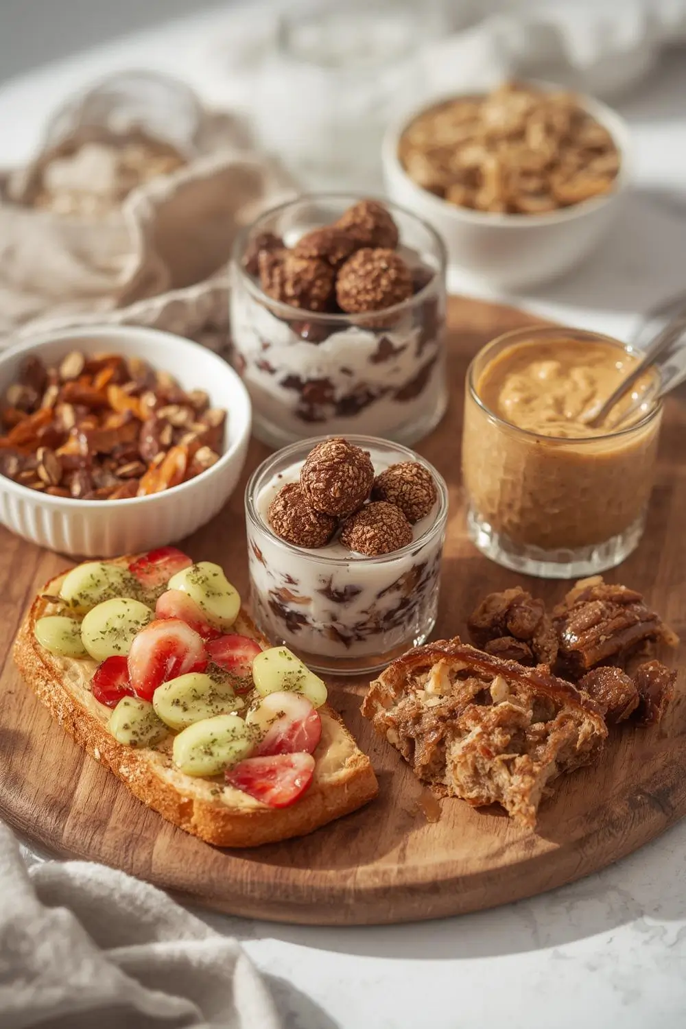 Assortment of healthy pre-workout snacks including energy bites, yogurt parfaits, and almond butter toast arranged on a wooden board.