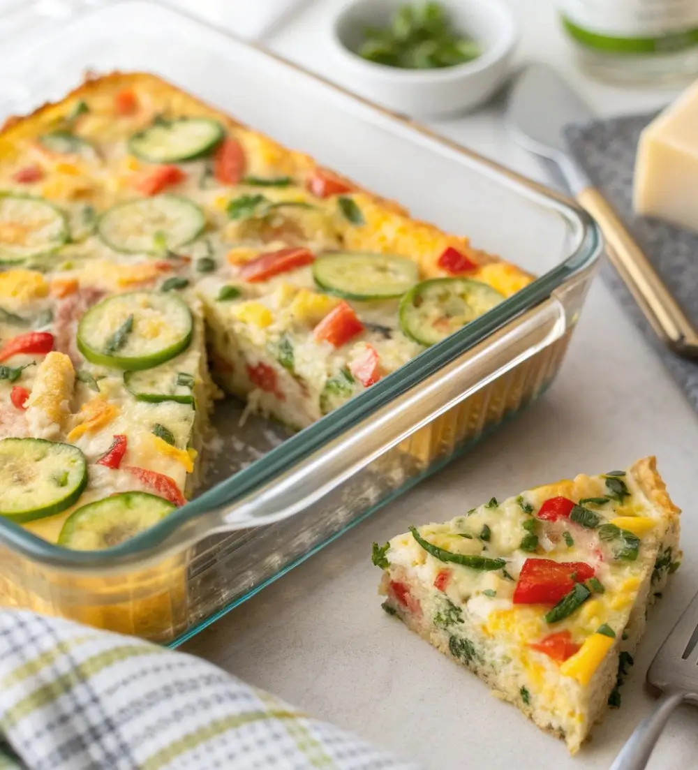 Healthy breakfast casserole baked with eggs and vegetables, sliced and ready to serve