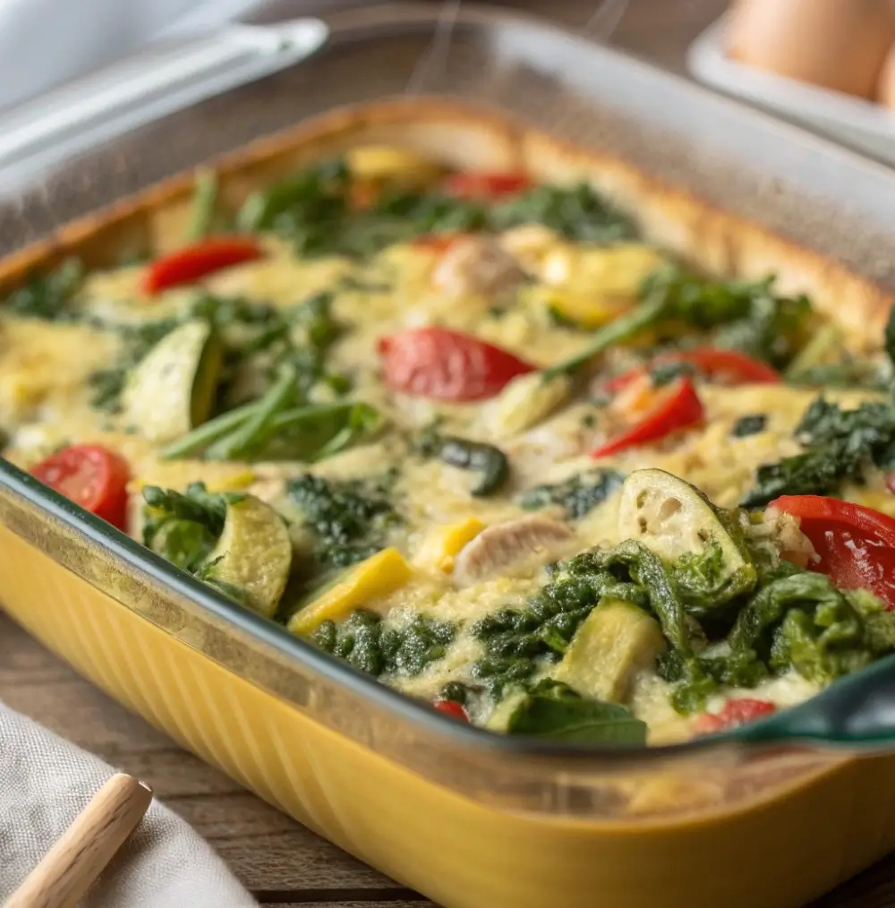 Healthy breakfast casserole made with eggs and vegetables baked in a dish for busy weekday mornings