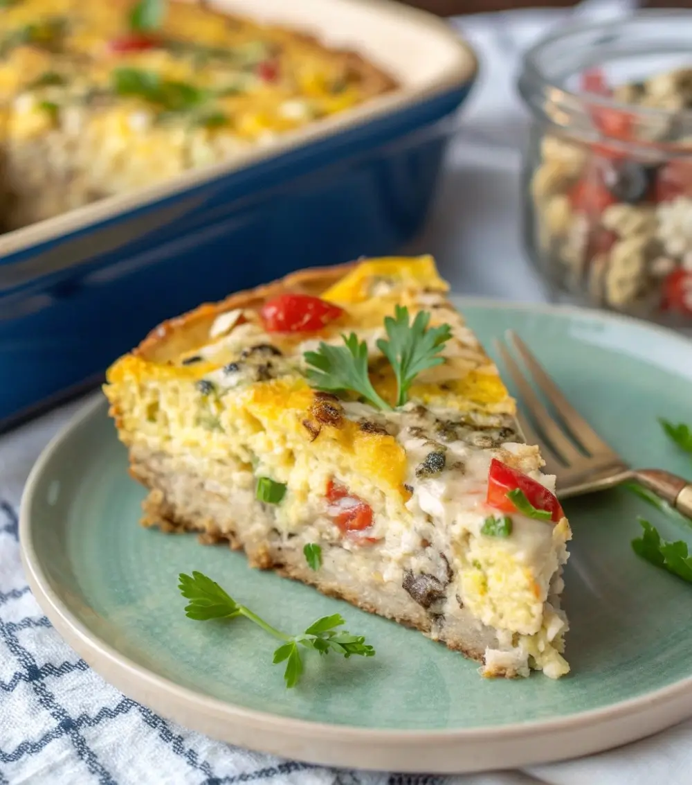 High-protein breakfast casserole sliced and served for a filling morning meal
