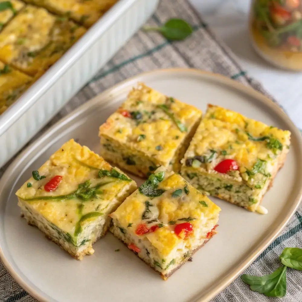 High-protein breakfast casserole sliced into squares for energy-boosting mornings