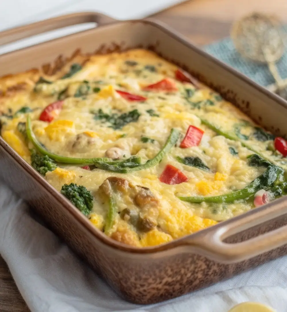 High-protein breakfast casserole with eggs, vegetables, and melted cheese baked until golden