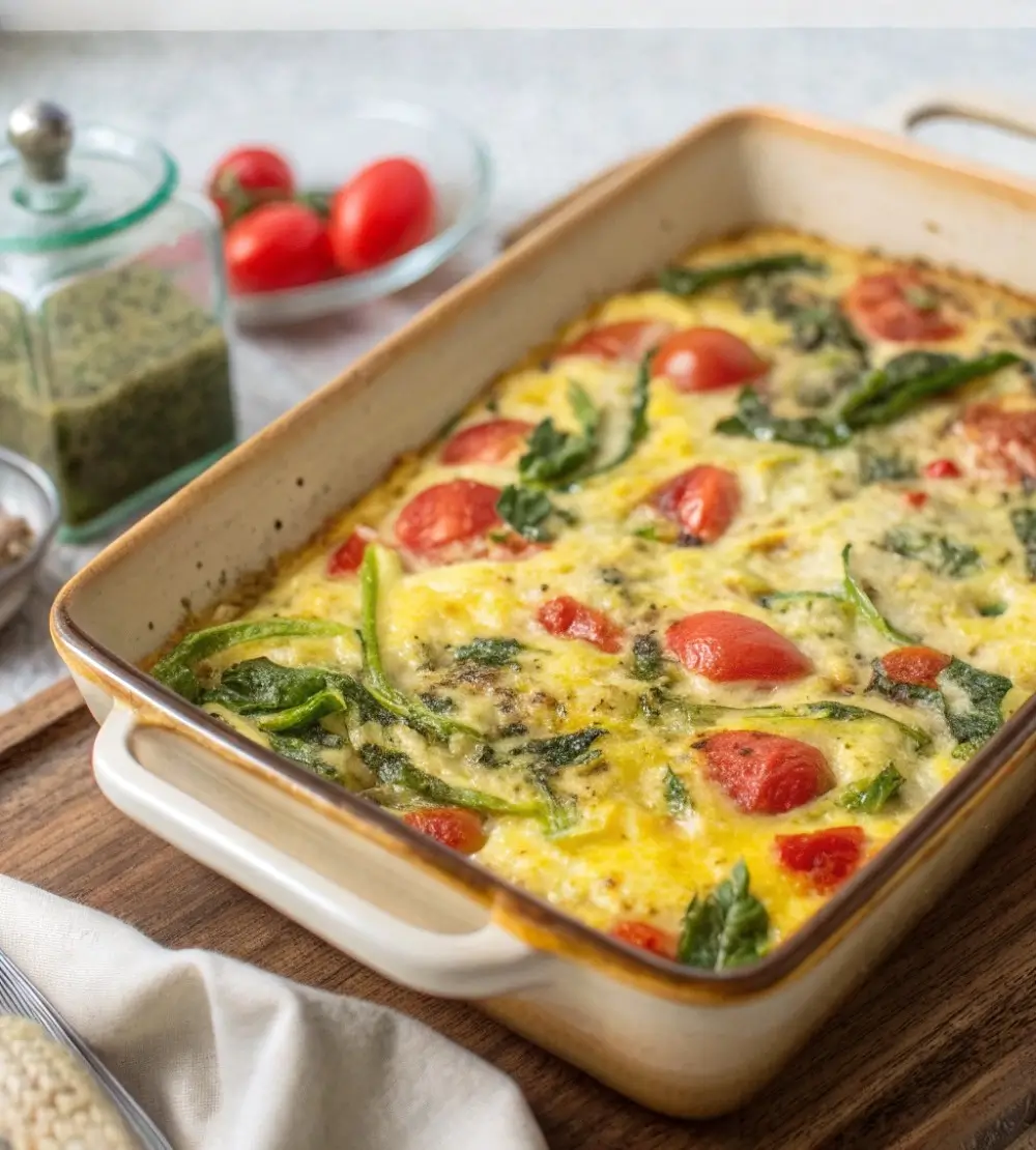 Light vegetable breakfast casserole with eggs, spinach, and tomatoes baked in a casserole dish