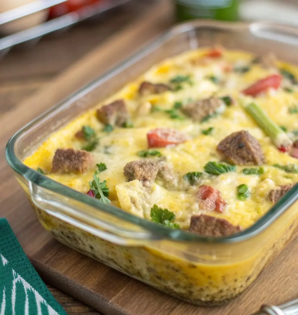 Make-ahead breakfast casserole in a baking dish, perfect for weekly meal prep