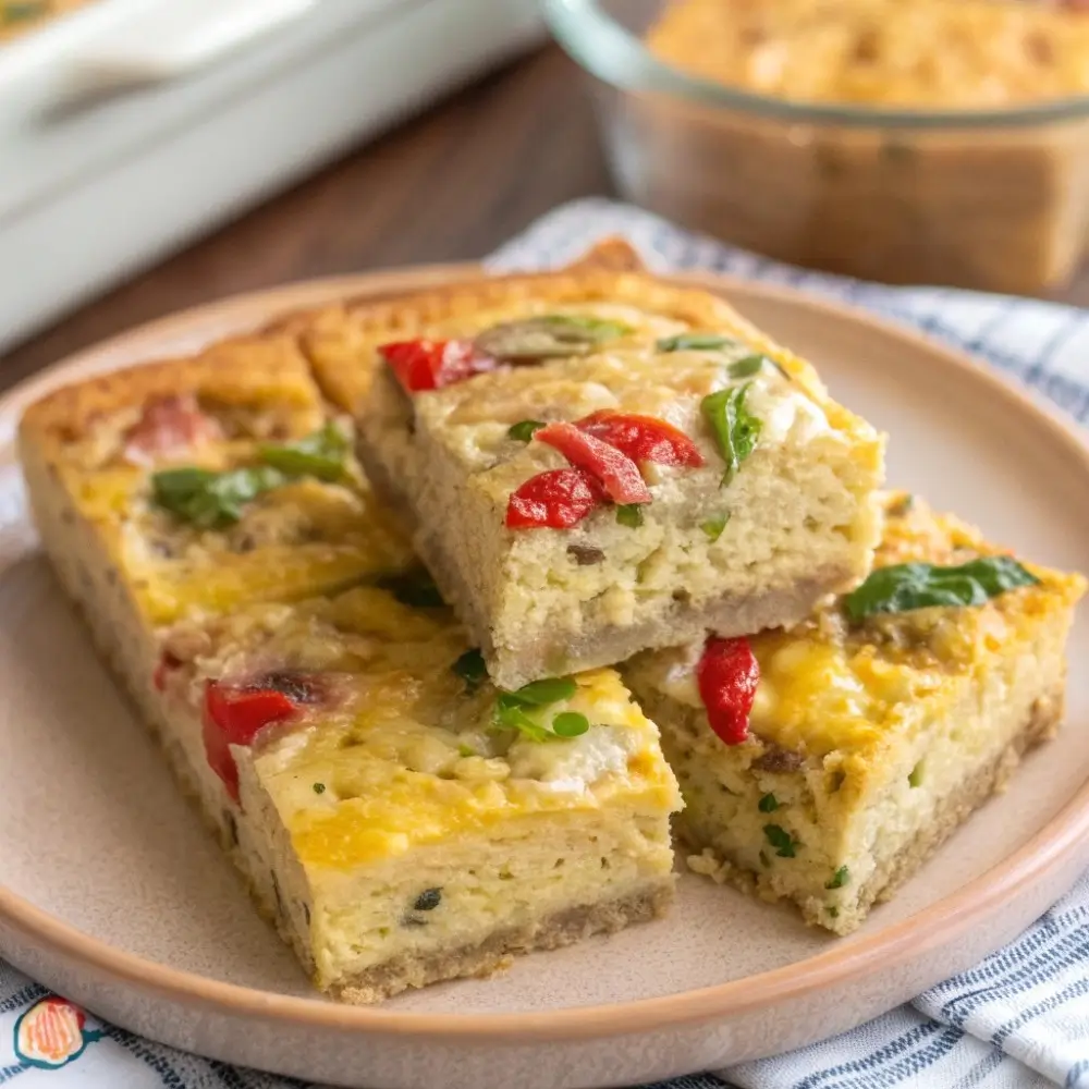 Make-ahead breakfast casserole sliced into portions for easy weekday breakfasts
