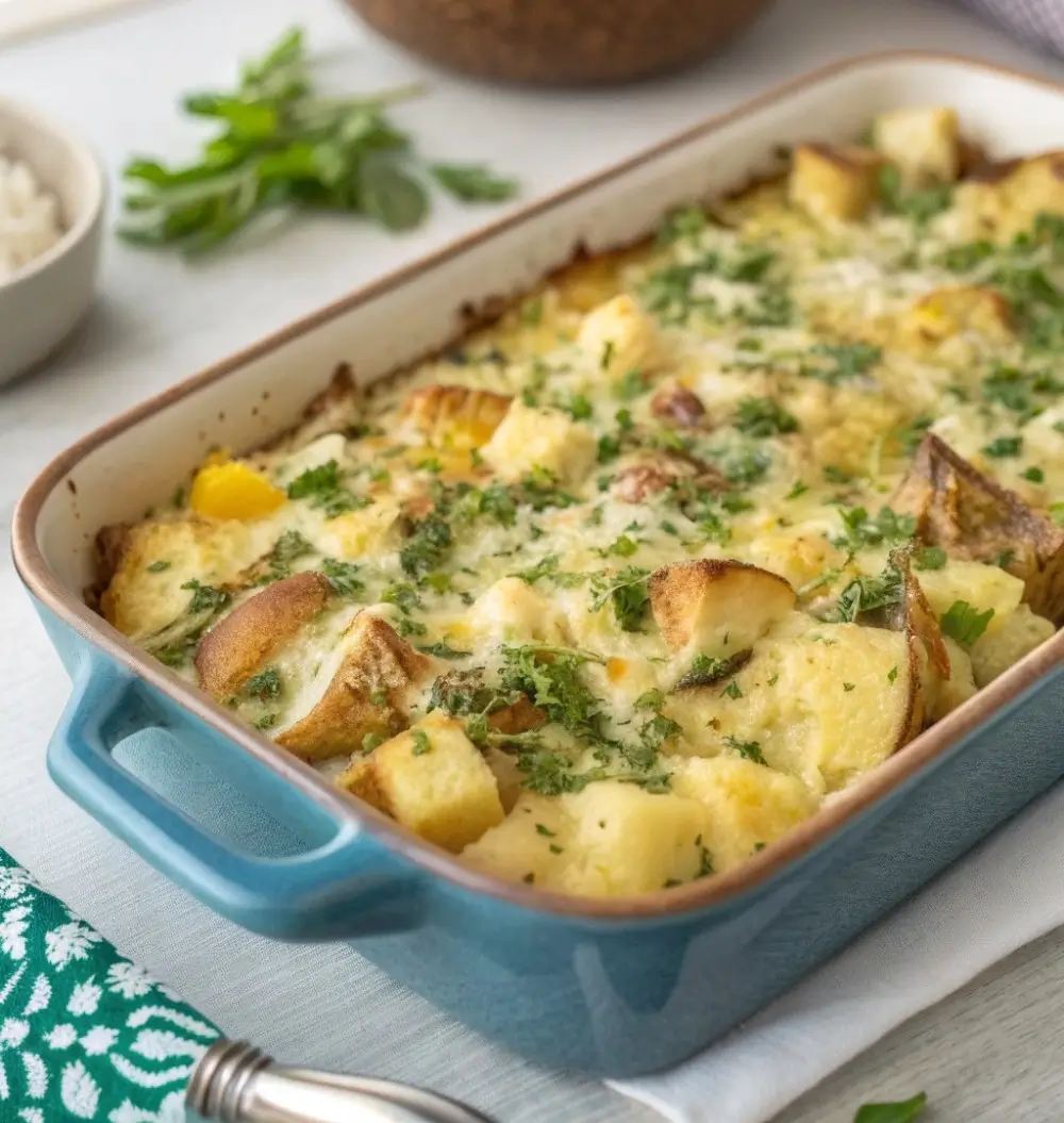One-pan breakfast casserole with eggs, potatoes, cheese, and herbs baked evenly in a dish