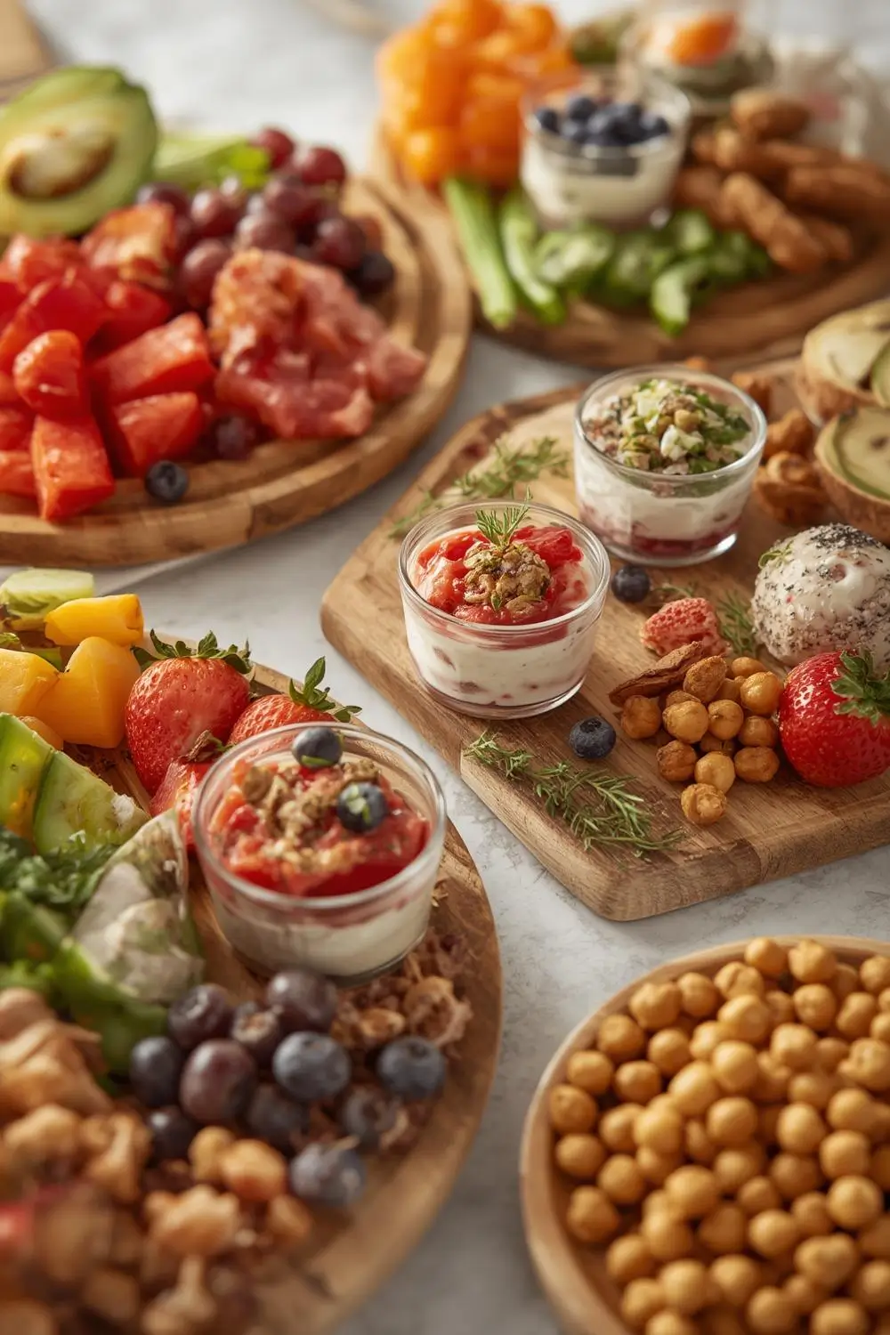 A colorful assortment of healthy snacks including fresh fruits, vegetables with dips, yogurt parfaits, energy balls, and roasted chickpeas, arranged beautifully on wooden boards.