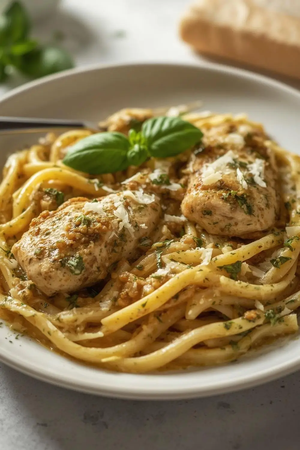 Creamy pesto chicken pasta dish with tender chicken pieces in a rich sauce, pasta, fresh basil, and Parmesan cheese on a plate.
