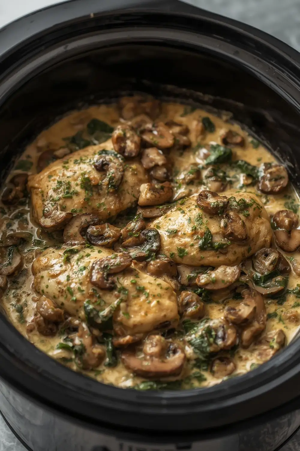 Easy Crockpot Creamy Spinach Mushroom Chicken (Healthy & Delicious!)