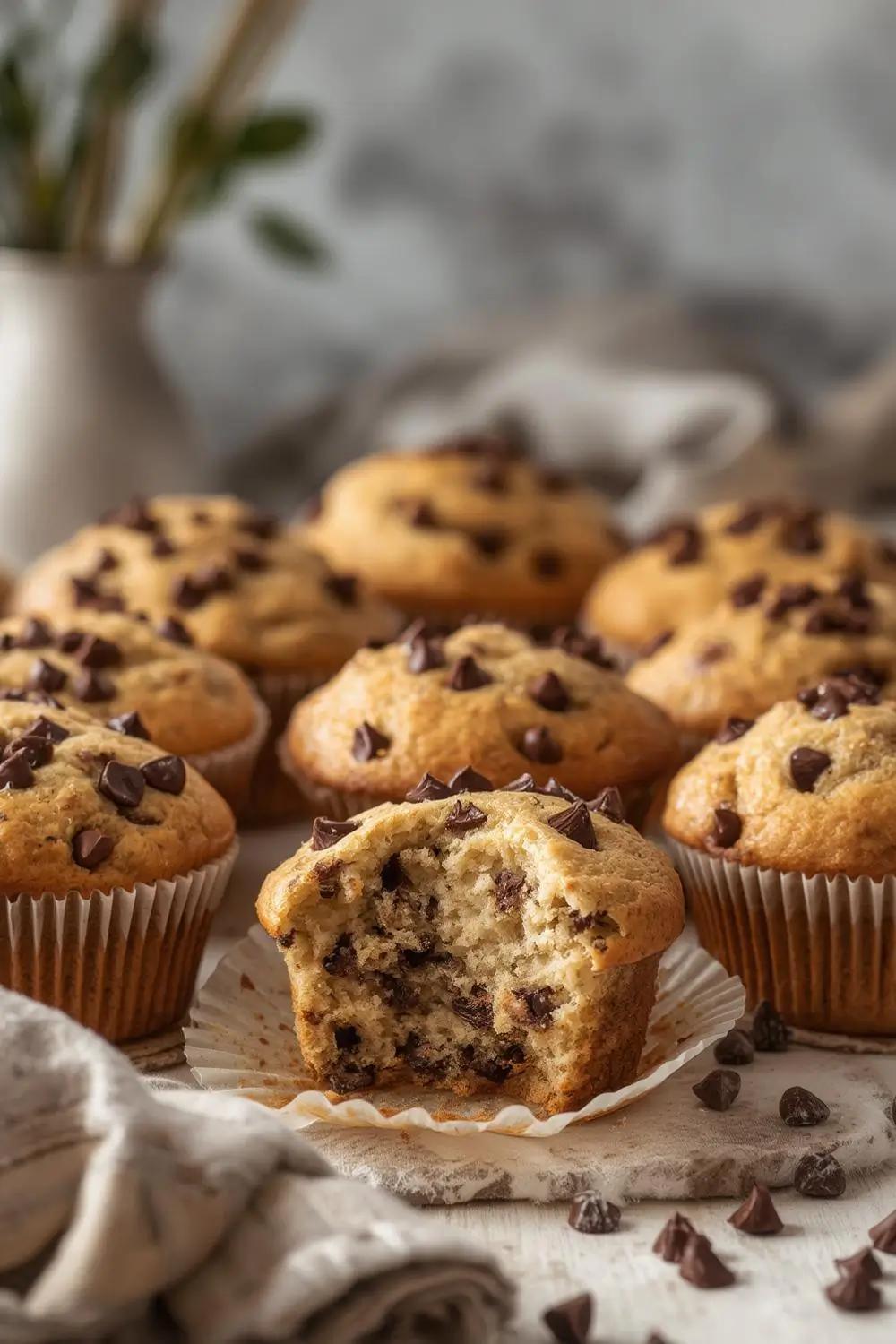 A batch of fluffy easy sourdough discard chocolate chip muffins with golden brown tops and moist interiors, showcasing a cozy kitchen setting with fresh ingredients and baking tools.