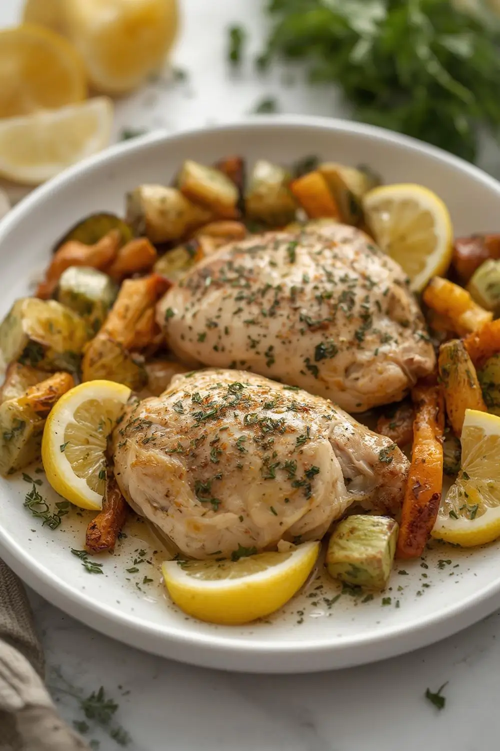 Lemon Herb Chicken with Roasted Spring Vegetables – Bright Citrus Fresh Herbs