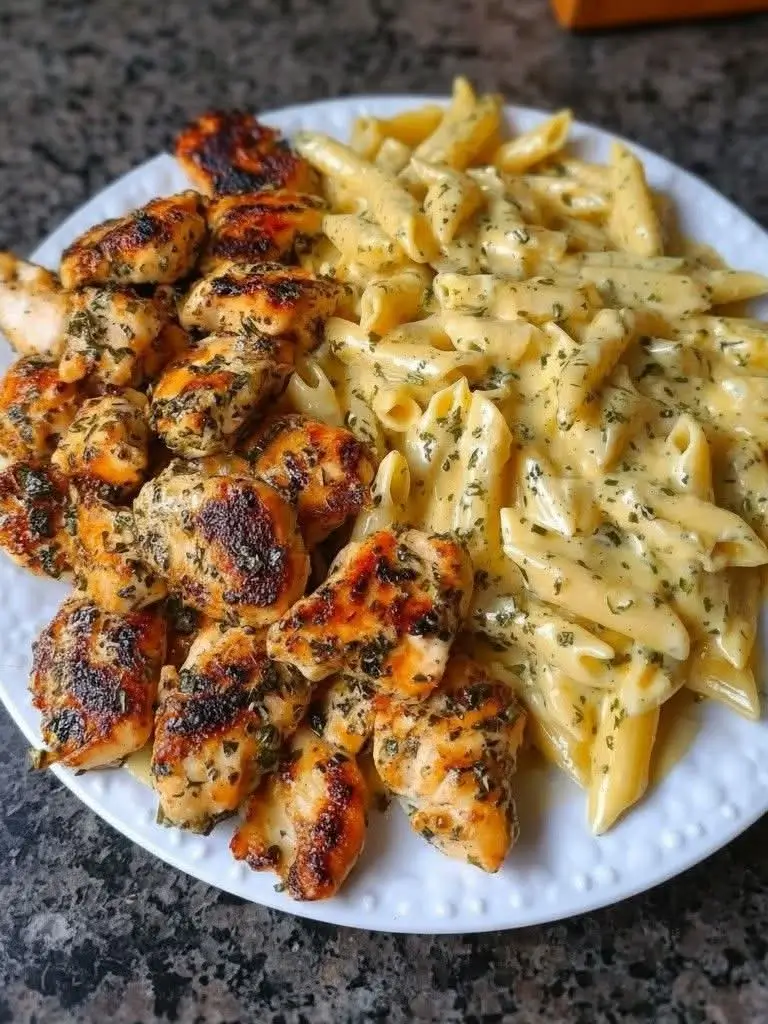 The Ultimate Comfort Plate: Charred Herb Chicken & Creamy Garlic Penne Pasta