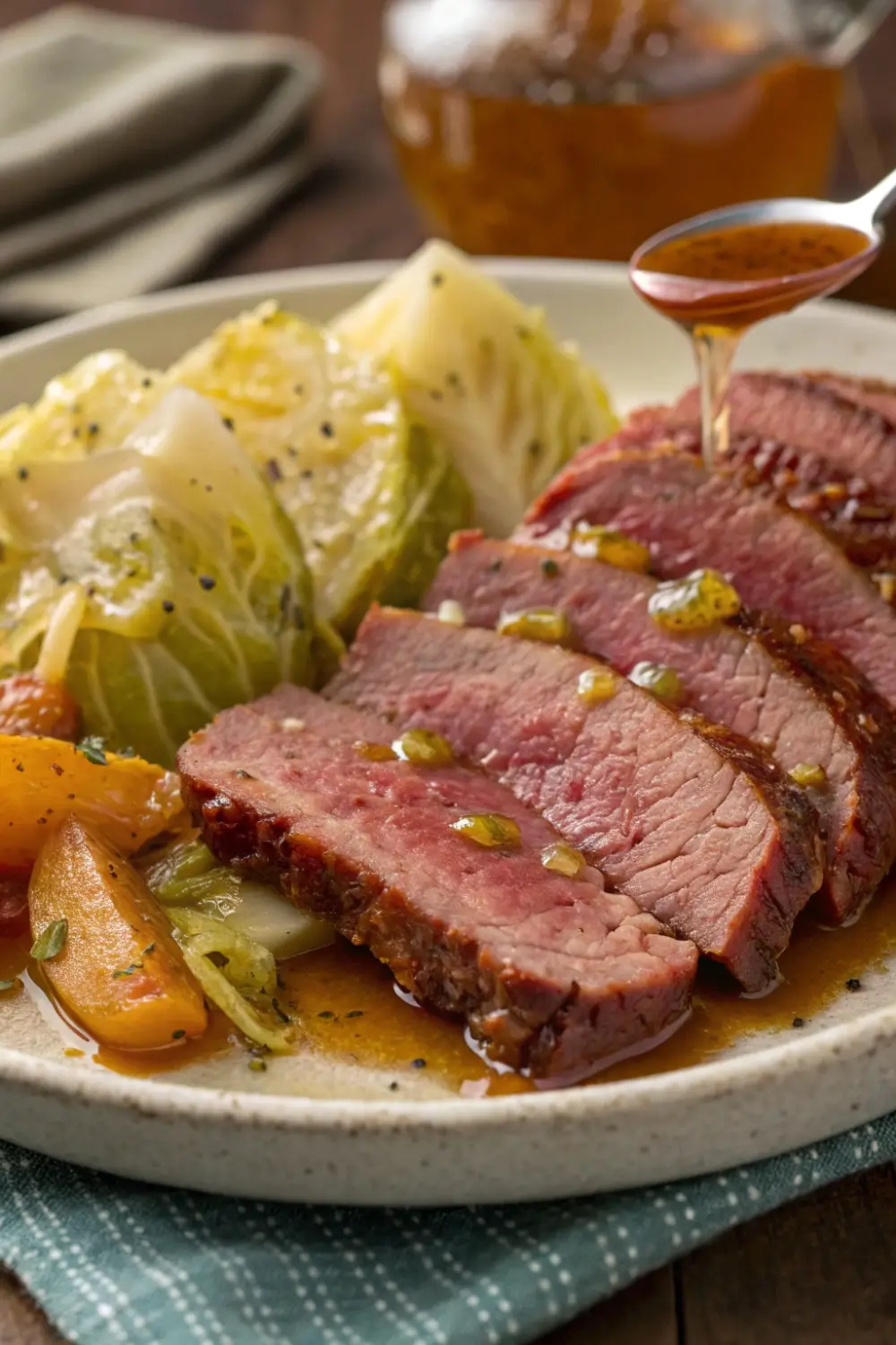 Corned beef and cabbage glazed with honey and served warm