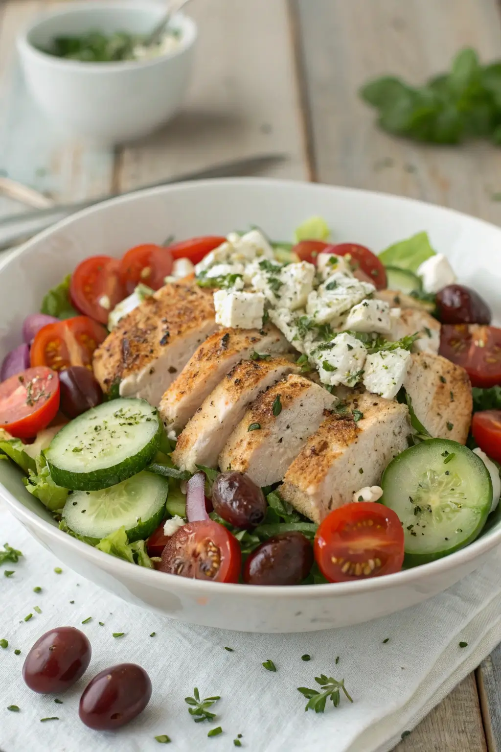 Light Greek Chicken Salad with Cucumbers and Feta