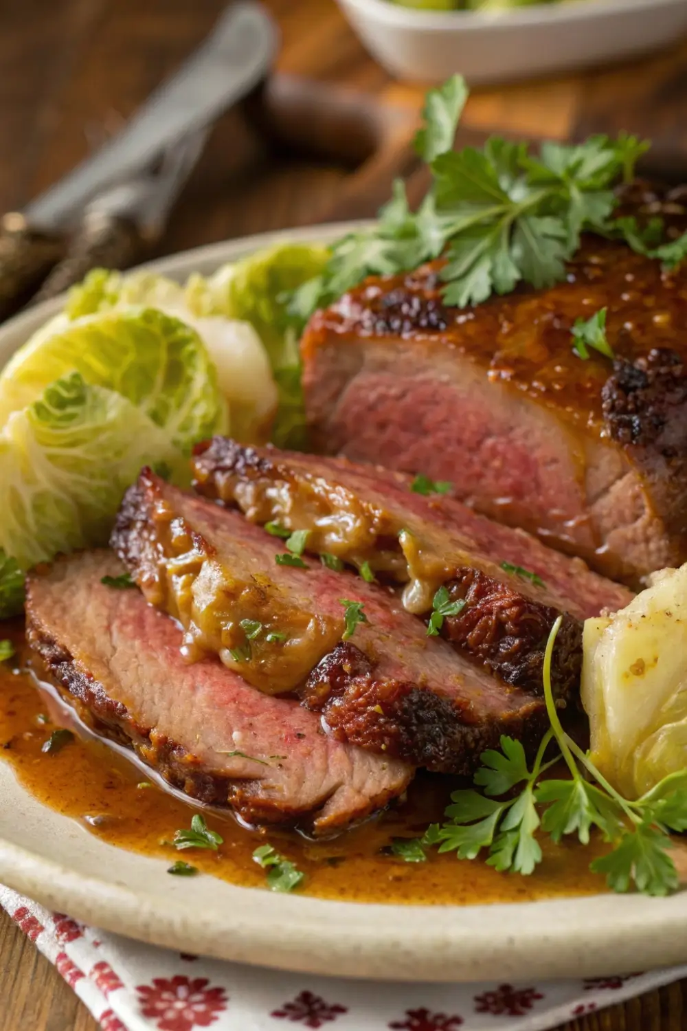 Oven roasted corned beef and cabbage with brown sugar glaze