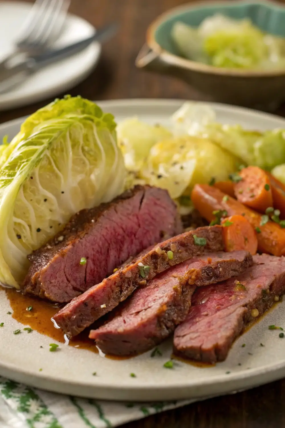 Slow roasted corned beef and cabbage served on a plate