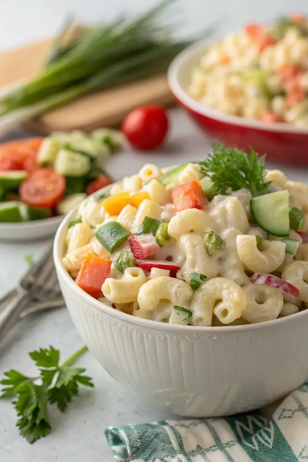 A close-up of creamy classic macaroni salad in a bowl, featuring vibrant vegetables and a smooth dressing, served as a refreshing summer BBQ side dish.
