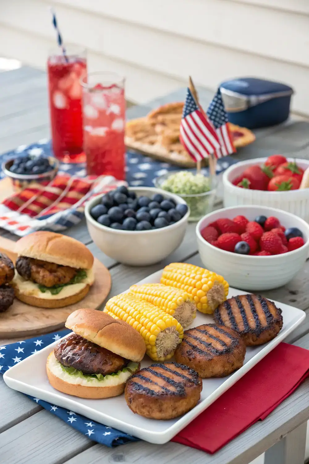 A festive 4th of July backyard BBQ table spread featuring grilled chicken, beef burgers, corn on the cob, red white and blue fruit platters, berry lemonade, and patriotic desserts set outdoors with family gathering vibes.
