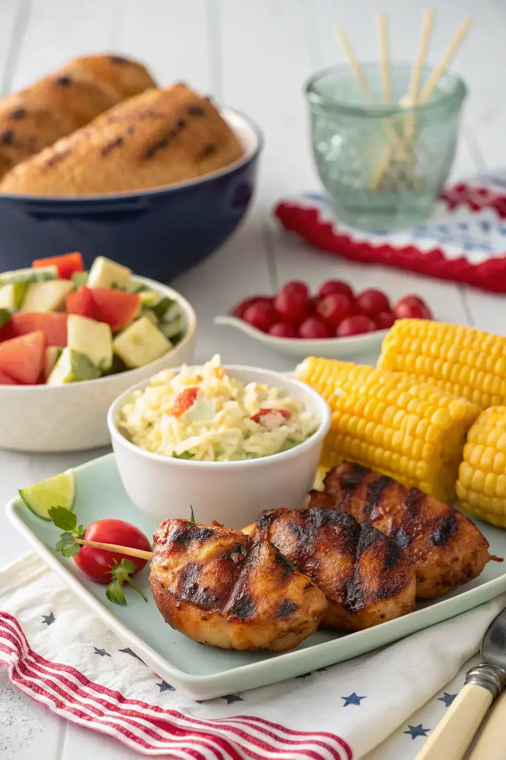 A vibrant 4th of July backyard BBQ spread featuring grilled chicken, corn on the cob, coleslaw, potato salad, and fruit skewers under a sunny sky.