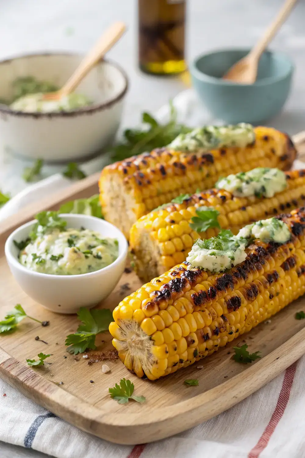 Grilled corn on the cob with charred kernels topped with melted garlic herb butter served as a BBQ side dish.