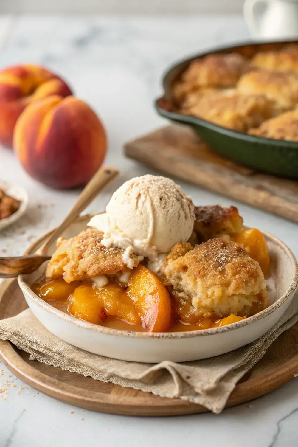 A golden homemade peach cobbler with bubbling peaches and a crispy brown sugar topping, steaming on a rustic plate for a 4th of July dessert table.