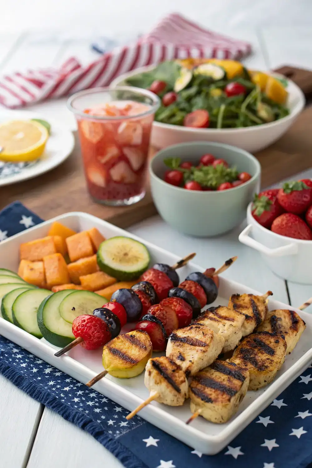 A vibrant outdoor setup perfect for enjoying grilled vegetables, chicken skewers, and fresh fruit alongside traditional refreshing snacks during the 4th of July celebration.