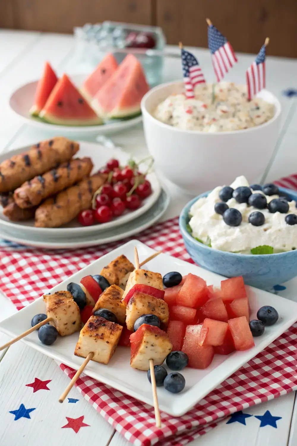 A festive 4th of July family BBQ spread featuring simple menu items like grilled chicken kebabs, watermelon feta skewers, creamy potato salad, and red white and blue berry parfaits arranged on a checkered picnic table with small American flags and patriotic confetti.