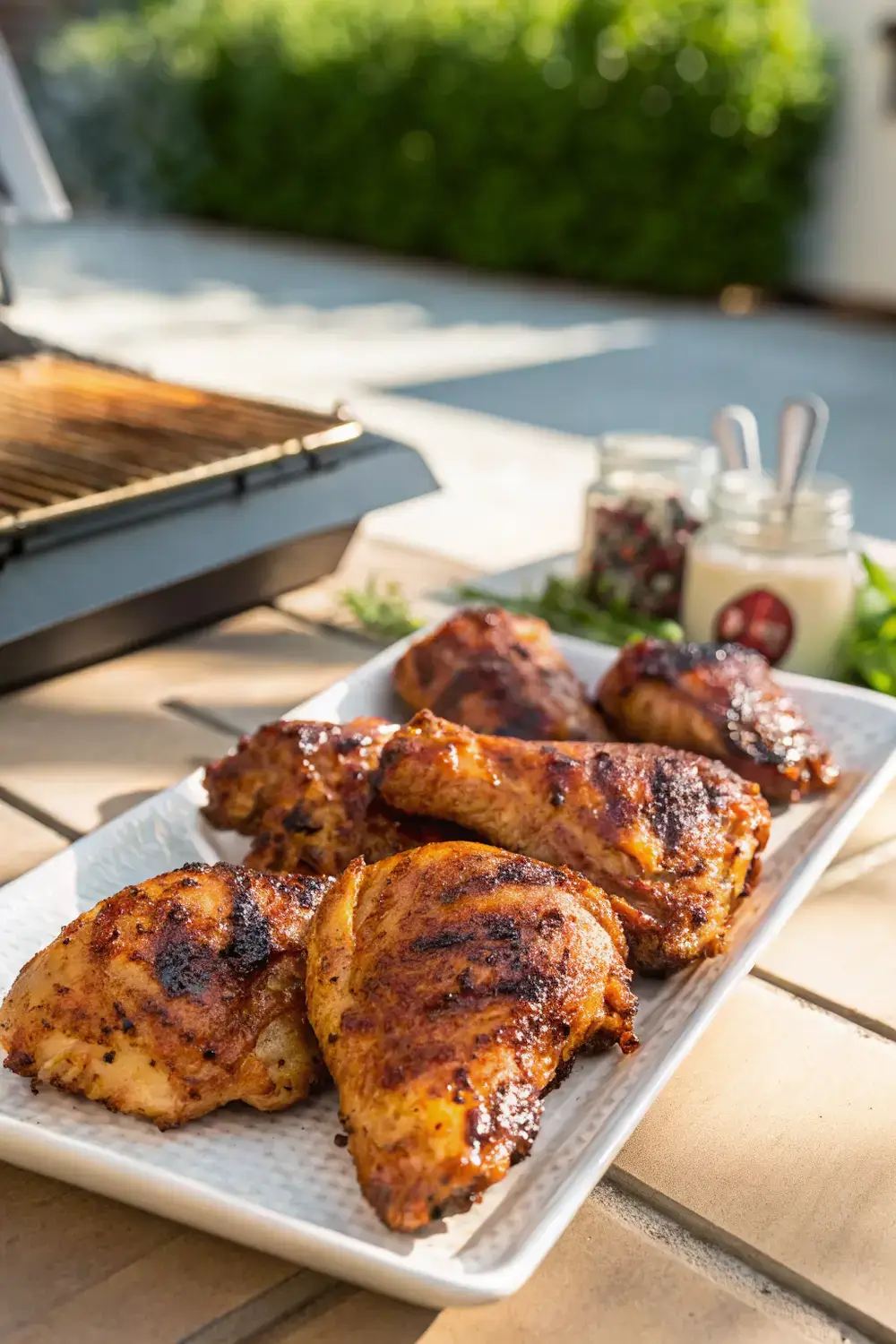Grilled chicken thighs coated in smoky summer BBQ seasoning, golden and juicy on a sunny patio