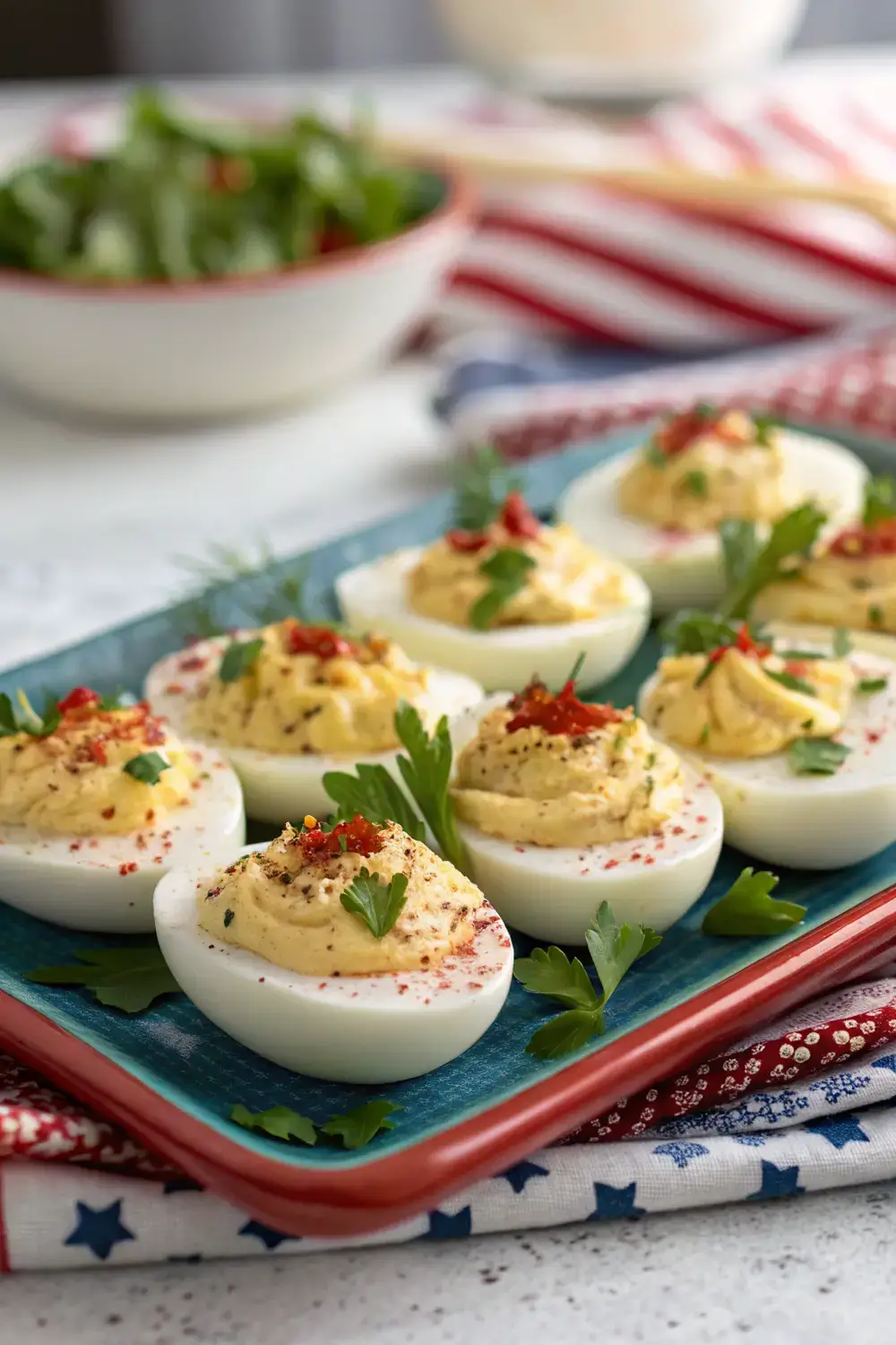 Classic deviled eggs served in a colorful platter for a 4th of July celebration