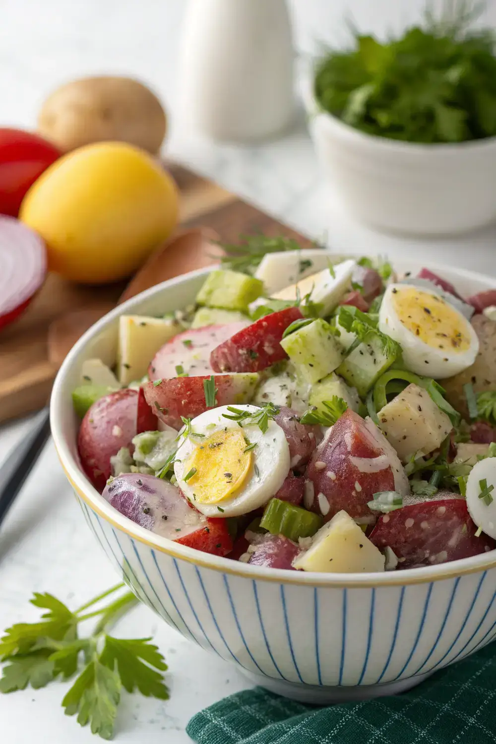 A colorful bowl of Classic Red Potato Salad with red potatoes, celery, red onion, eggs, and herbs, served as a creamy 4th of July BBQ side dish.