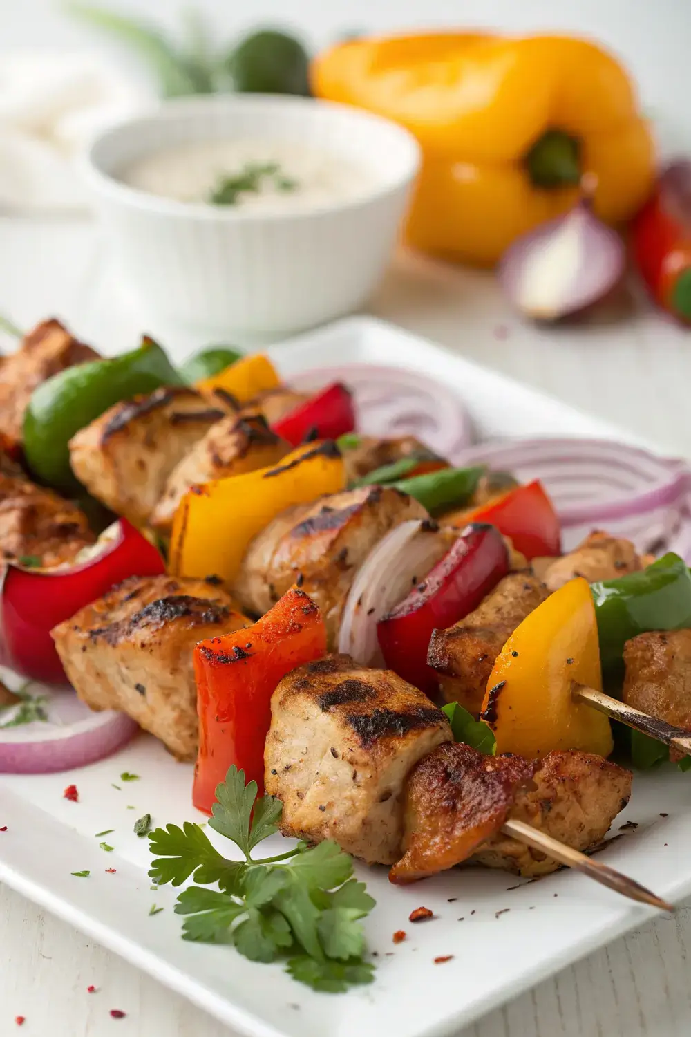 A vibrant spread of juicy chicken kebabs paired with colorful bell peppers and onions, ideal for sharing.