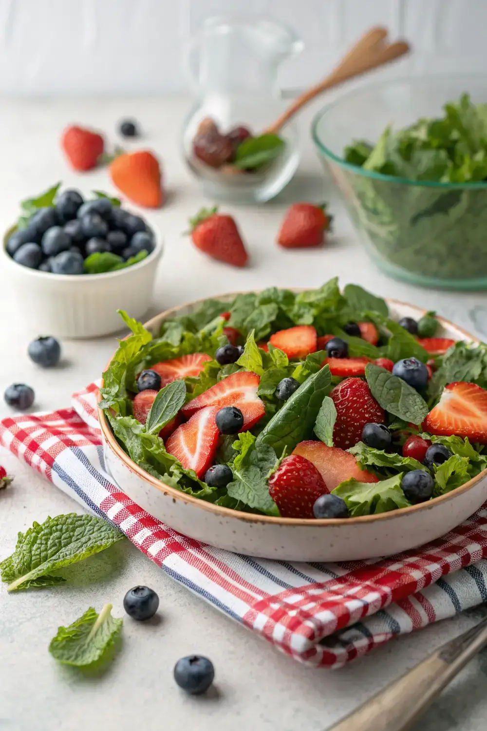 A vibrant green salad with fresh strawberries, blueberries, and mint arranged artfully on a checkered cloth, evoking summer abundance and communal joy.