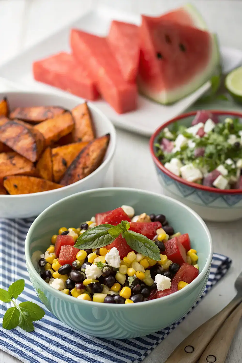 A colorful table featuring a creamy corn‑and‑black‑bean salad, herb‑roasted sweet‑potato wedges, and a watermelon‑feta mint salad, perfect for an All‑American 4th of July cookout.