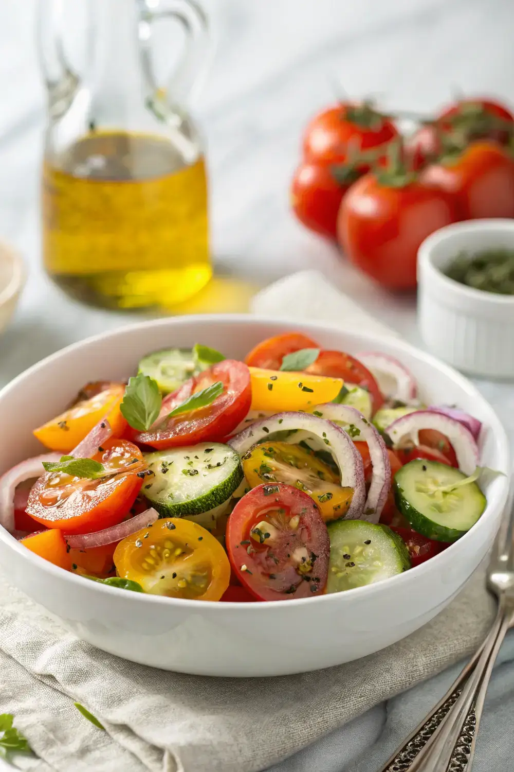 A colorful tomato, cucumber, and onion salad with a tangy vinaigrette, served as a refreshing summer side dish.