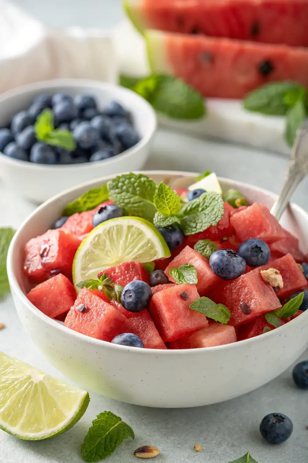 A bright summer salad featuring cubed red watermelon, fresh blueberries, and green mint leaves in a white bowl, garnished with lime wedges.