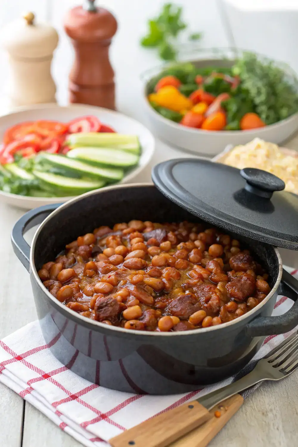 A steaming pot of pork‑free homestyle baked beans glistening with a sweet glaze, surrounded by fresh vegetables and a sunny 4th of July backyard setting