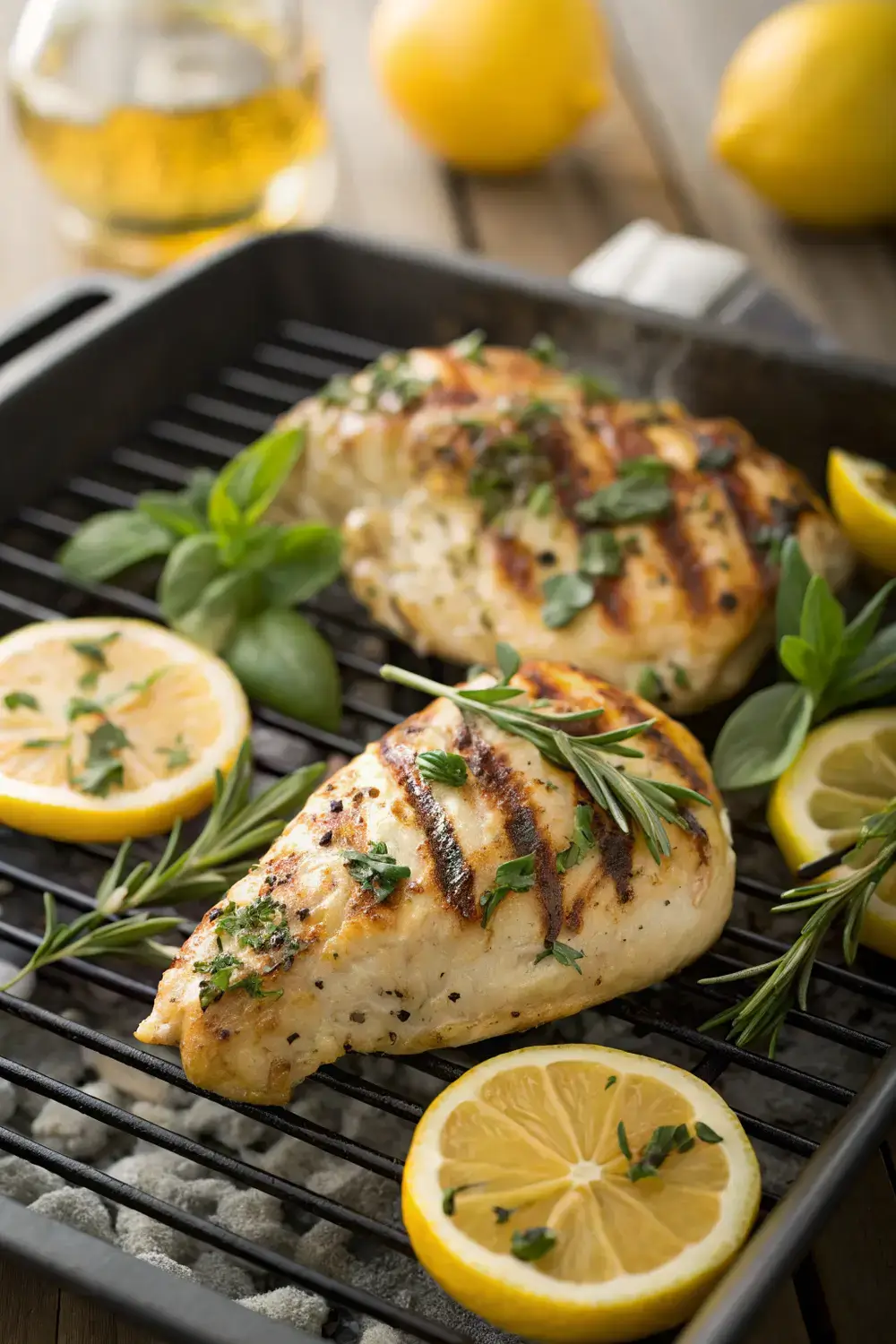 Golden grilled lemon herb chicken with fresh herbs and citrus on a barbecue grill.