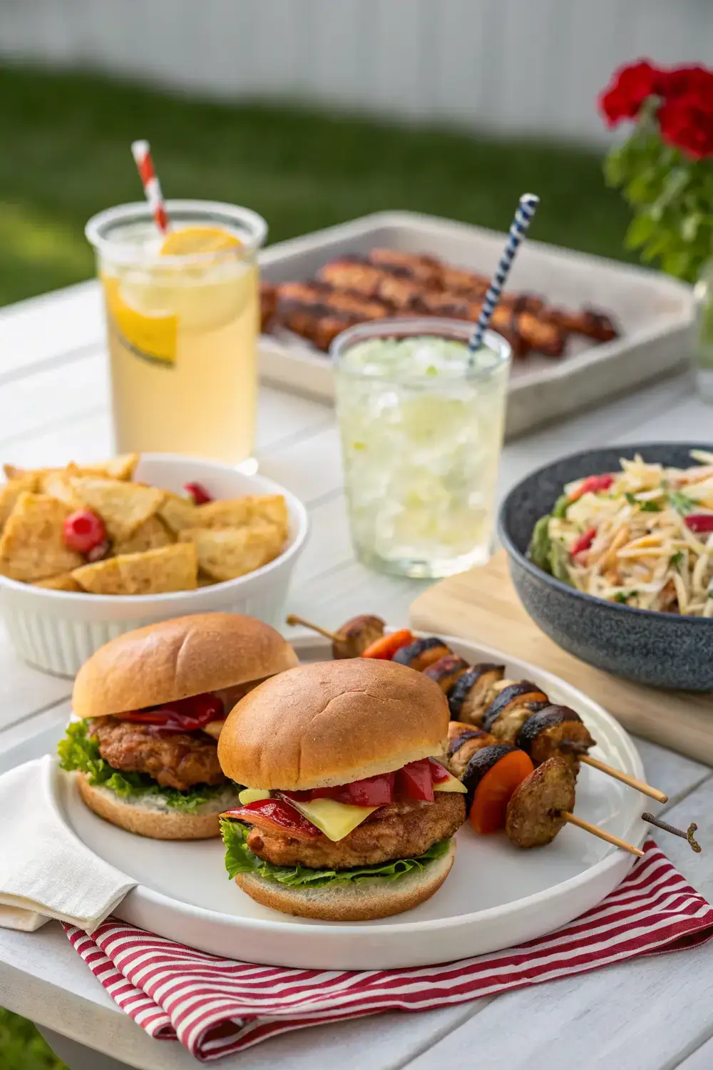 A celebration of all-American food with burgers, chicken skewers, veggie kabobs, coleslaw, and lemonade on a sunny backyard setting.